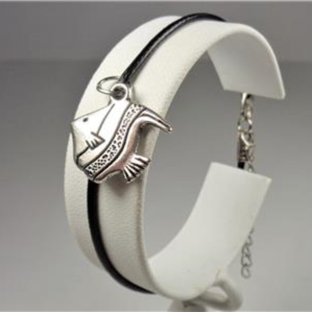 NAUTICAL TROPICAL REEF FISH BLACK LEATHER BRACELET